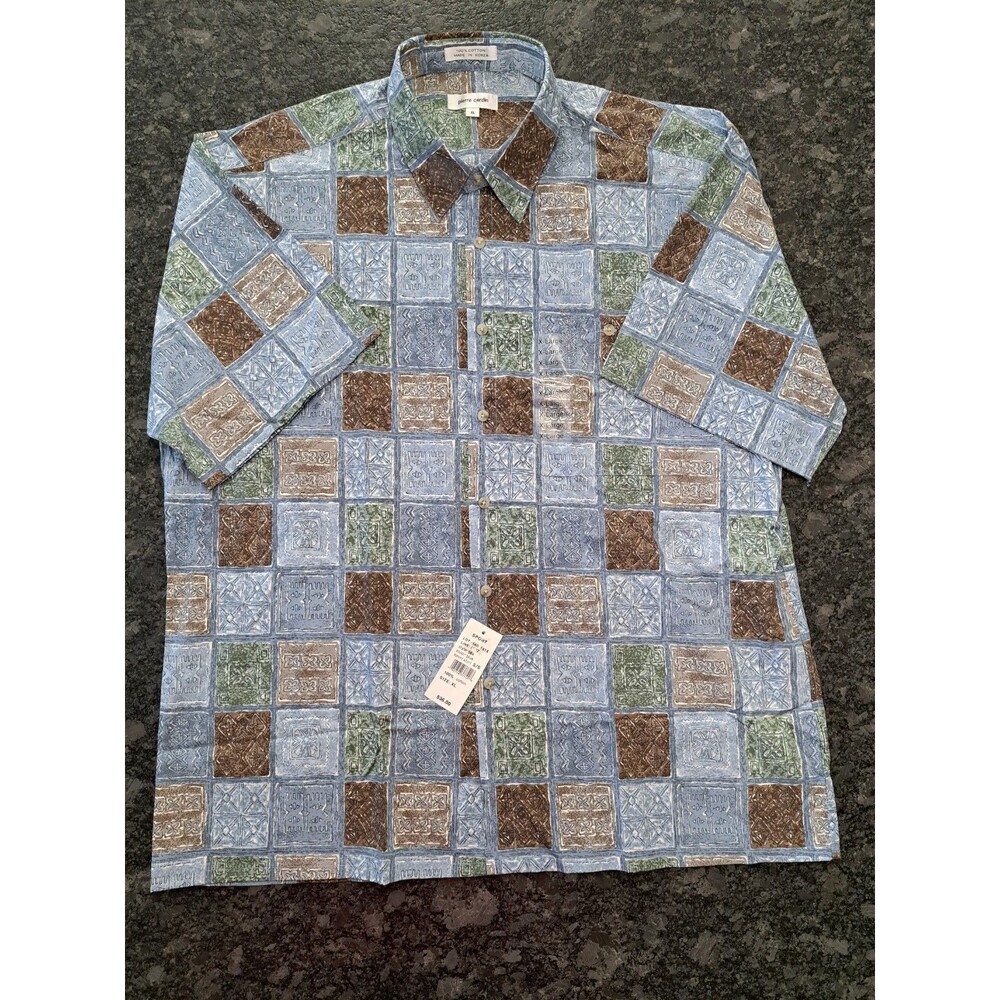 Vintage Pierre Cardin Mens XL Blue Tile Print Short Sleeve Shirt 100% Cotton